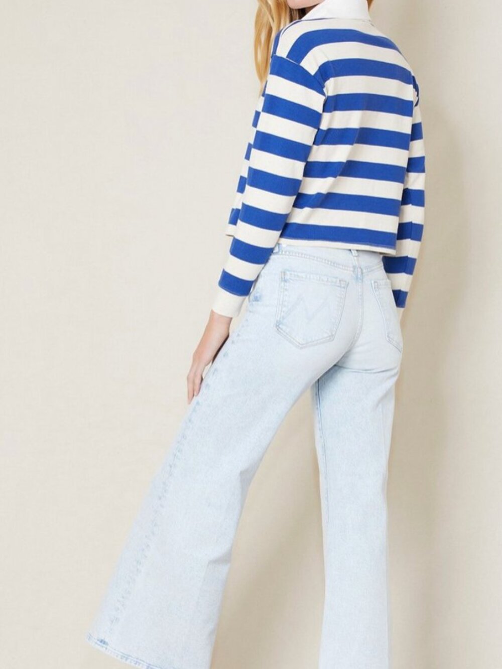 MOTHER Boxy Polo Crop Tee in Game On- Blue/Cream Stripes- S- Long Sleeve - Picture 5 of 16